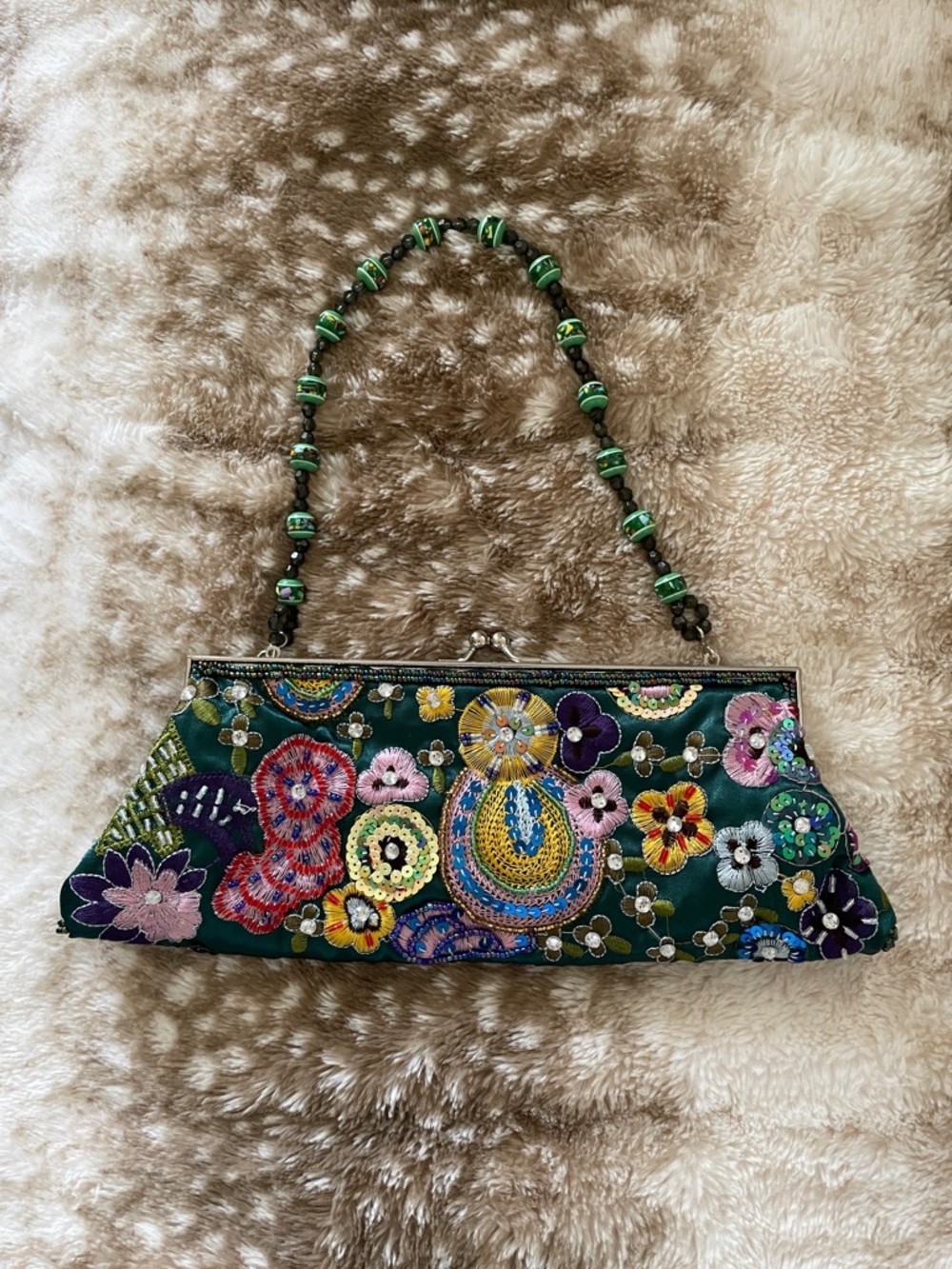 Embroidered Floral Green Beaded Handle Clutch